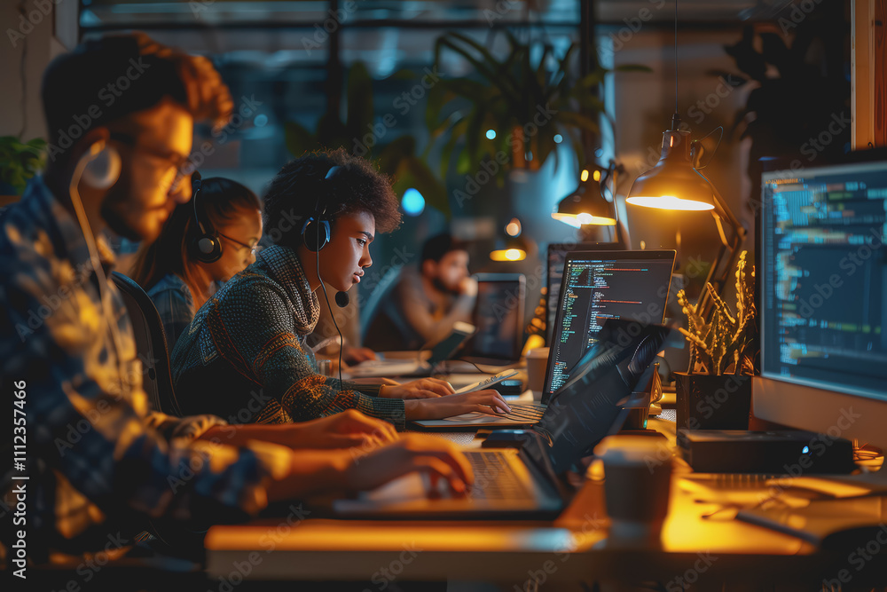 Aufkleber team of male and female software developers writing code on laptops in real working environment.