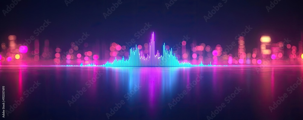 Poster abstract neon wave pattern with vibrant colors on a dark background.