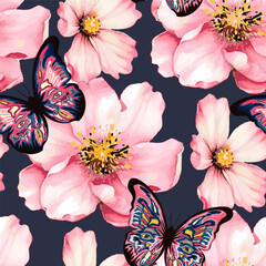 colorful butterfly fly over pink flowers drawing seamless pattern, Floral garden background, wallpaper, template.