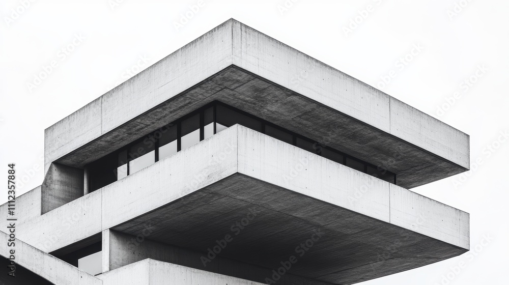 Poster modern architectural design featuring concrete structure with overhanging levels and large glass win