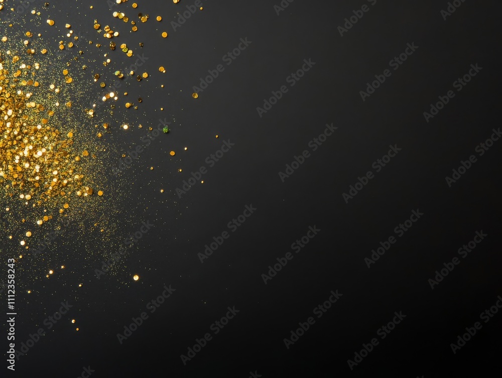 Poster Overhead view features a golden glitter gradient transitioning into emerald green sparkles against a soft black backdrop, creating a perfect area for text