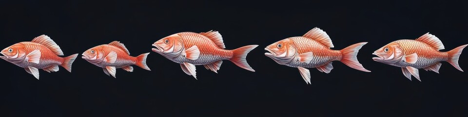 Detailed illustration showcasing a series of five red fish swimming in a linear formation against a dark background, emphasizing color patterns and textures.