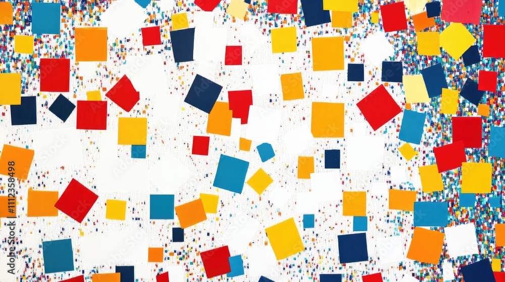 Poster a pixelated mosaic of brightly colored blocks, creating a digital pattern on a clean, white backgrou