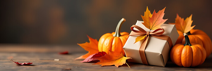 A wrapped gift sits among pumpkins and autumn leaves in this festive Thanksgiving design perfect for fall celebrations and seasonal decor._00001_