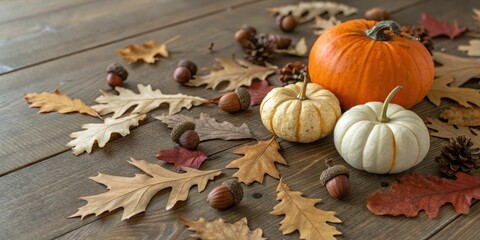 Autumnal still life featuring pumpkins and fall leaves on a rustic wooden surface