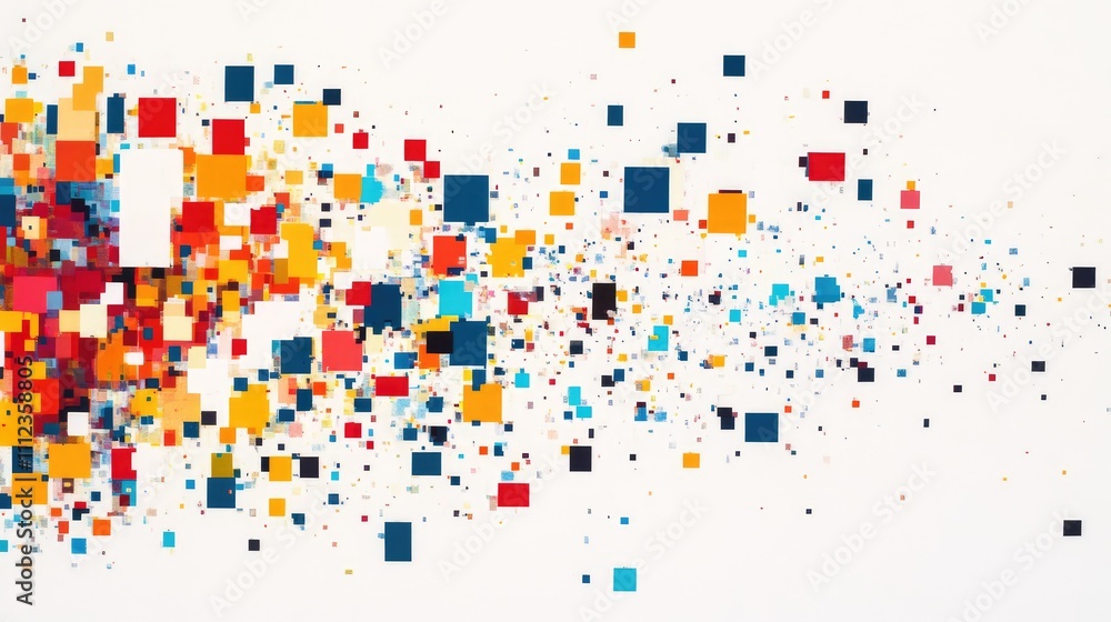 Poster a pixelated mosaic of brightly colored blocks, creating a digital pattern on a clean, white backgrou