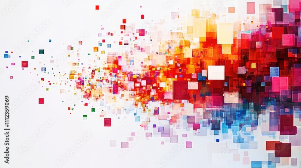 Poster a pixelated mosaic of brightly colored blocks, creating a digital pattern on a clean, white backgrou