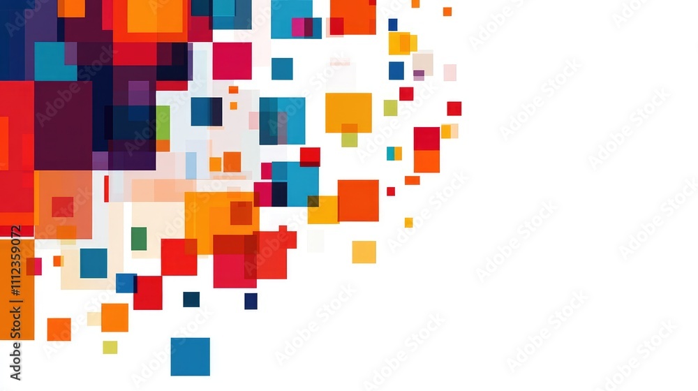 Poster a pixelated mosaic of brightly colored blocks, creating a digital pattern on a clean, white backgrou