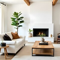 A modern, minimalist living room with a white sofa, wooden coffee table, and a large potted plant in the background. The room has high ceilings with exposed wooden beams and a simple, neutral color.