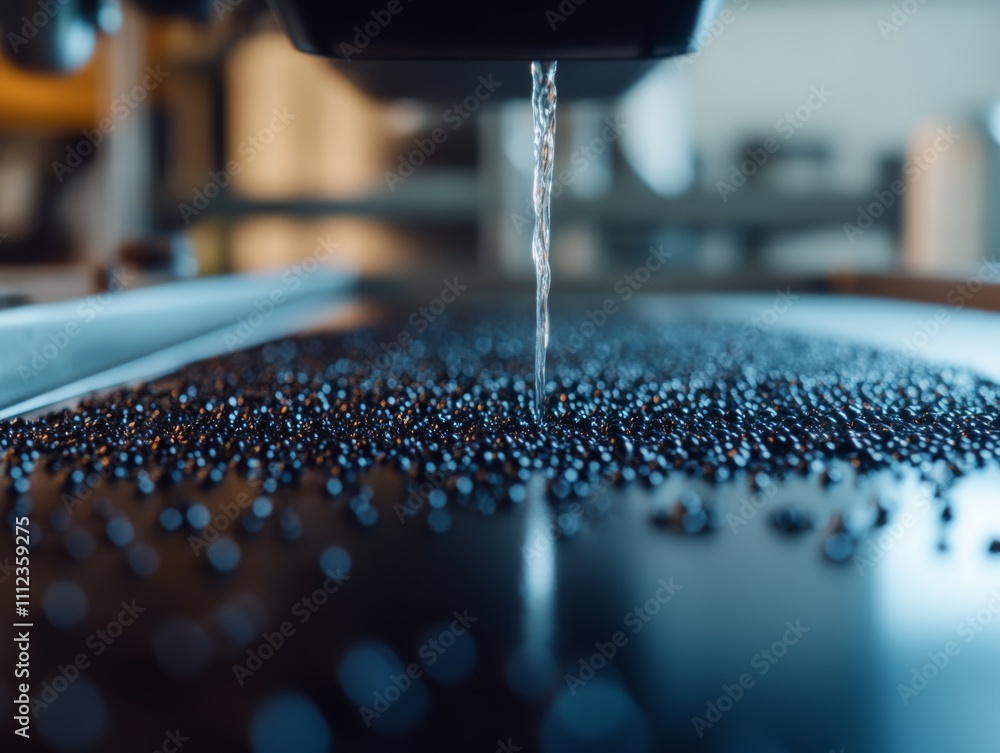 Poster glossy black plastic granules flow from a machine, softly lit to highlight their smooth texture and 