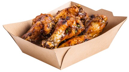 Fried chicken wings in a cardboard food basket, isolated on a white background
