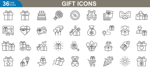 Gift Icons set. Festive, present, holiday, celebration, Christmas gift and more Icons Pack.  vector illustration.