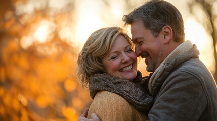 Obraz premium A couple embracing each other with smiles, showcasing the warmth and emotion of love in a romantic setting.