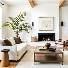 A modern, minimalist living room with a white sofa, wooden coffee table, and a large potted plant in the background. The room has high ceilings with exposed wooden beams and a simple, neutral color.