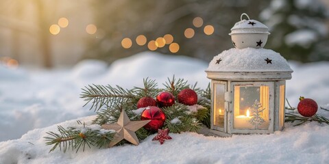 A snow-covered lantern with a warm candlelight, surrounded by festive evergreen branches, red ornaments, and a gold star, creates a magical winter scene.