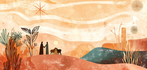 Nativity Scene in Desert Landscape: A minimalist illustration depicts the nativity scene, with Mary, Joseph, and the baby Jesus nestled amidst a serene desert landscape under a starlit sky.