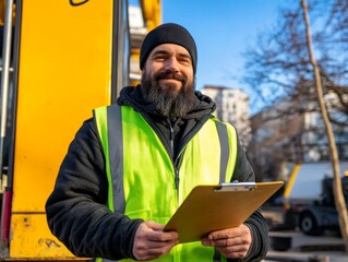 Construction worker smiles while holding a clipboard, standing confidently near a large yellow excavator under a bright blue sky at a job site