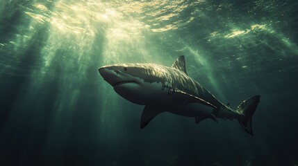 Fototapeta premium Majestic Great White Shark Swimming Gracefully Beneath Crystal Clear Ocean Surface Bathed in Striking Sunlight Beams and Mysterious Shadows