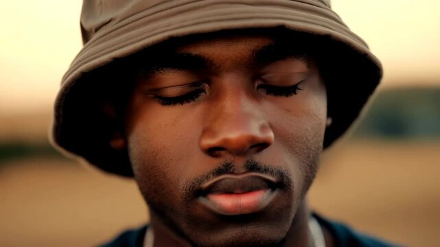 Close-up portrait of a serious young Black man wearing a bucket hat, looking directly at the camera, with a blurred natural background under soft sunlight
