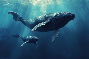 Fototapeta premium Majestic Humpback Whales Swim Gracefully Through Crystal Clear Ocean Waters, Showcasing Their Magnificence in a Stunning Underwater Scene