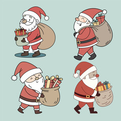 Set of Santa Claus in different styles. Christmas character set, Santa with gift bag, cute Marry Christmas Santa 