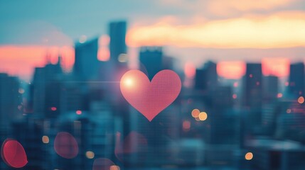 A blurred image of a city skyline at sunset with a transparent heart shape overlay, representing heart health awareness.
