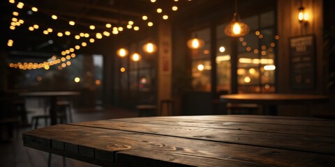 Rustic wooden table in a dimly lit establishment with warm lighting and blurred background
