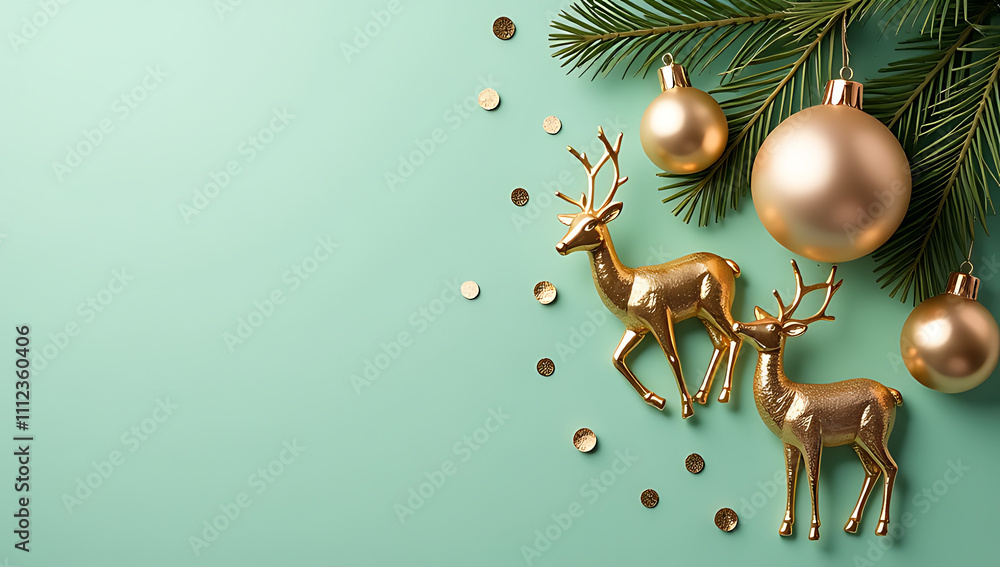 Poster a vertical top view captures deluxe baubles and festive reindeer on a light green background with go