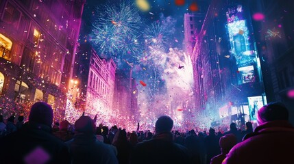 Obraz premium Colorful celebration with fireworks and confetti lighting up a lively city street during a festive night event, capturing joy and excitement in the air.