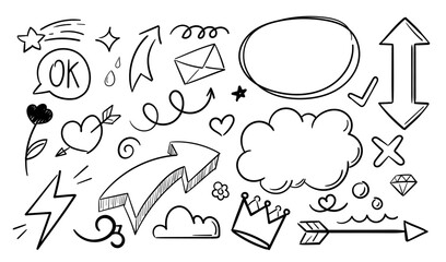 Doodle elements set. Arrows, flower, speech bubble, crown and heart. Back to 80s and 90s. Minimalist creativity and art. Linear vector collection