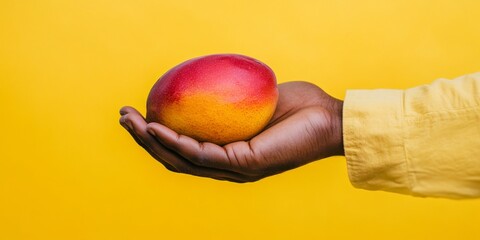 A vibrant hand holding a ripe mango against a bright yellow background. This image captures the essence of freshness and summer. Perfect for food blogs and fruit promotions. AI