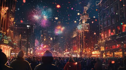 Fototapeta premium Joyful Celebration of New Year’s Eve with Vibrant Fireworks and Cheerful Crowd in a Festively Decorated City Street at Night