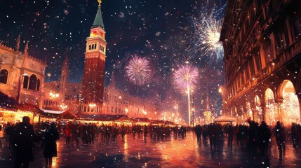 Fototapeta premium Nighttime Celebration with Fireworks and Festive Atmosphere in a Historic City Square Illuminated by Colorful Lights and Glittering Decorations