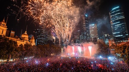 Obraz premium Spectacular Nighttime Fireworks Display with City Skyline and Crowd Celebrating in Melbourne, Australia during New Year's Eve Festivities
