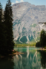 Pragser Wildsee, Lake Prags, Lake Braies. Natural lake in the Prags Dolomites in South Tyrol, Italy 