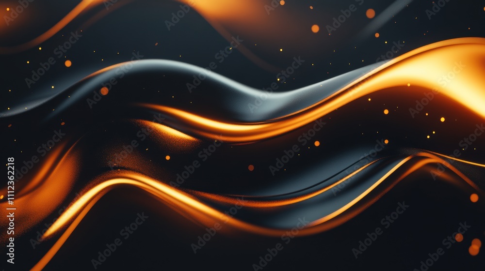 Poster abstract waves of black and gold texture with sparkling particles, creating a luxurious and elegant 
