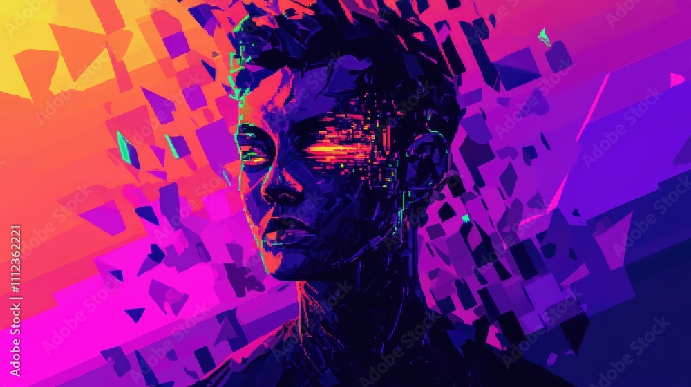 Poster a pixelated portrait of a person with a glowing, neon-colored outline and a fragmented background of