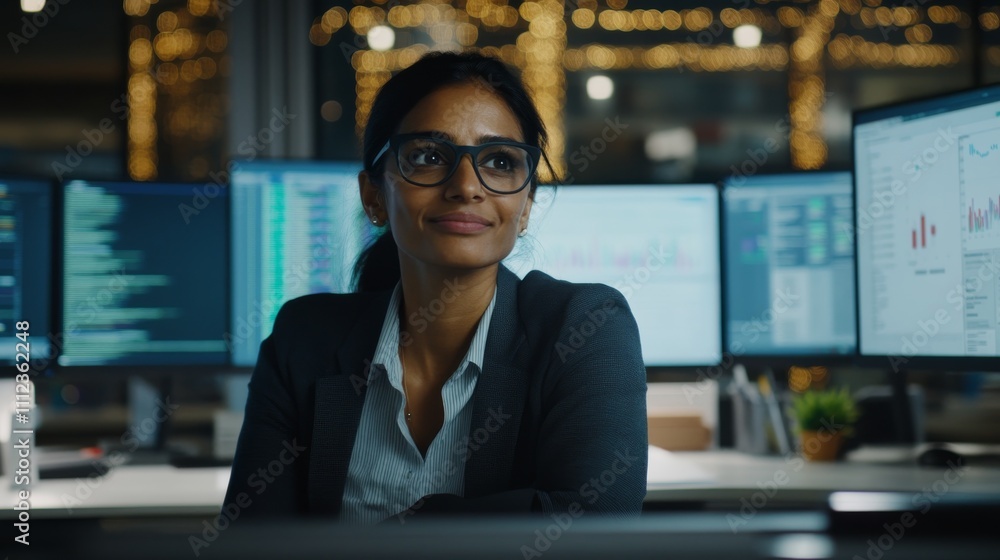 Poster a professional sits at a desk in a modern call center, engaged in work surrounded by glowing monitor