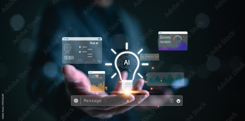 Poster ai tech, businessman show virtual graphic global internet connect ai, chat with ai, artificial intel
