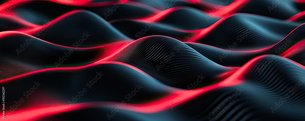 Poster abstract wave pattern with red highlights on a dark background, smooth and flowing.