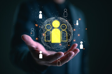 Customer Relationship Management, Businessman with global structure customer network technology, Data exchanges development. customer service, social media. digital marketing online.