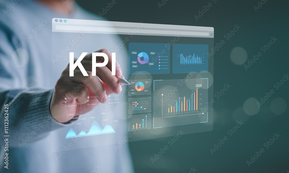 Aufkleber analyzing key performance indicators. businessman using virtual screen to analyze key performance in