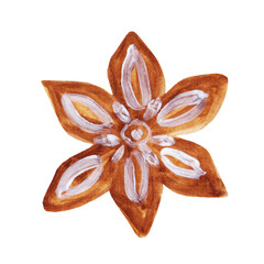 Gingerbread cookies in the shape of a star, snowflake, Christmas tree. Treat for Santa. Homemade baking for holiday breakfast, coffee and tea time. Watercolor illustration.
