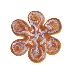 Gingerbread cookies in the shape of a star, snowflake, Christmas tree. Treat for Santa. Homemade baking for holiday breakfast, coffee and tea time. Watercolor illustration.