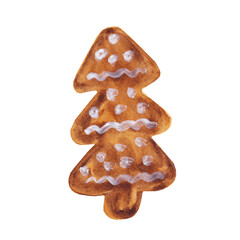 Gingerbread cookies in the shape of a star, snowflake, Christmas tree. Treat for Santa. Homemade baking for holiday breakfast, coffee and tea time. Watercolor illustration.