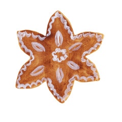 Gingerbread cookies in the shape of a star, snowflake, Christmas tree. Treat for Santa. Homemade baking for holiday breakfast, coffee and tea time. Watercolor illustration.