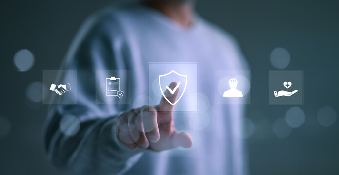 Safety First, Work Safety and Compliance Concept, Man with work safety and compliance icons, including a shield, hard hat, checklist, workplace safety, health protocols, and regulatory compliance.