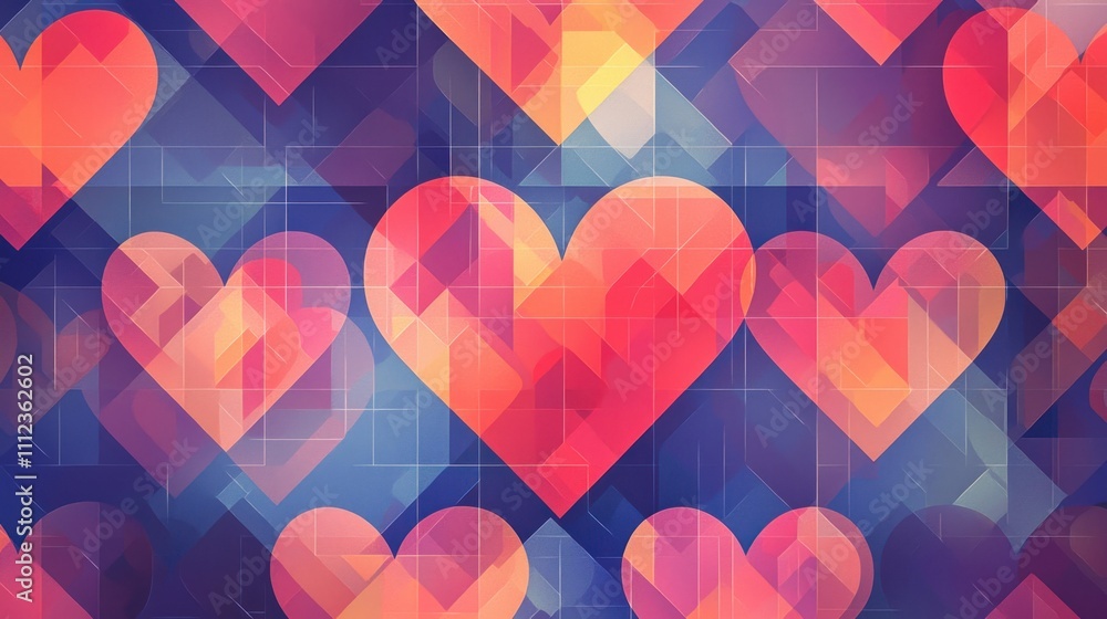 Poster a repeating geometric heart pattern on a modern design, symbolizing love and warmth in an abstract s