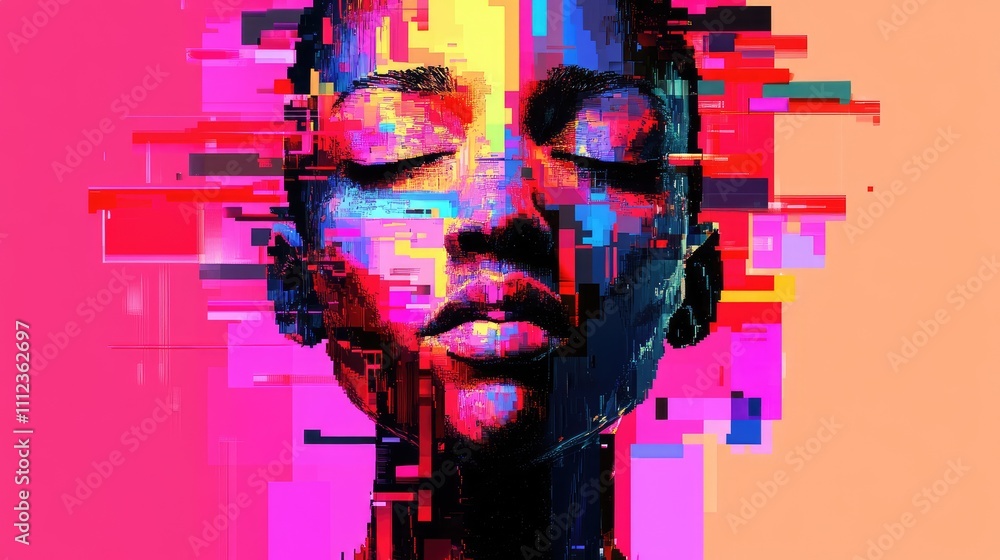 Poster a pixelated portrait with a futuristic design, made up of vibrant blocks that convey emotion through