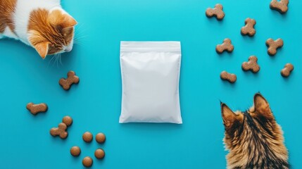 Two cats examine treat bag amidst scattered snacks